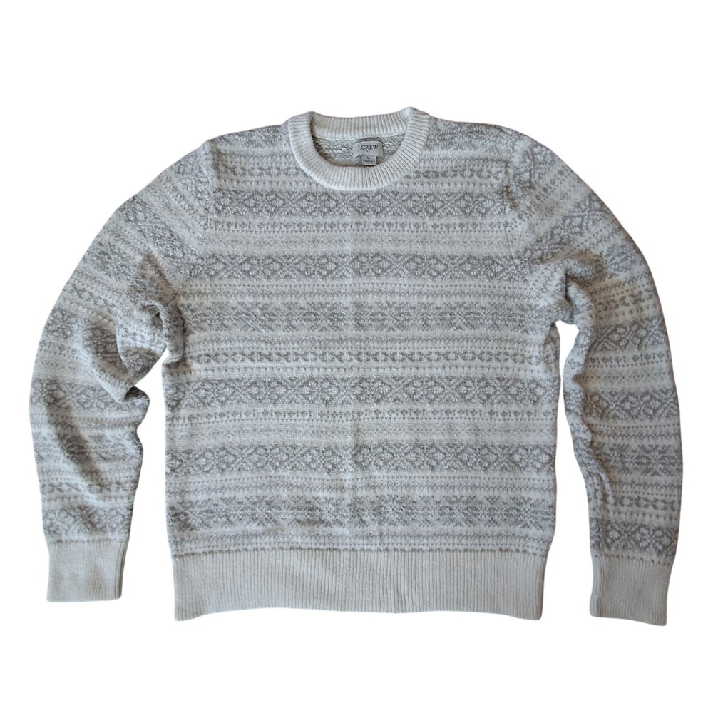 J. Crew Womens White Grey Fair Isle Cotton Crewneck Sweater BC579 Size Large